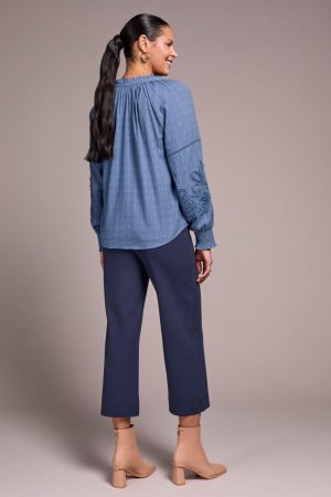 Jaquard Appliqué-Sleeve Notch Neck Blouse-Slateblue