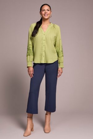 Jaquard Appliqué-Sleeve Notch Neck Blouse-Wasabi