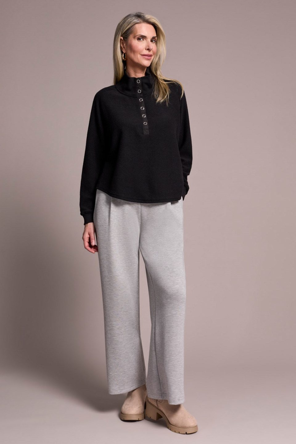 Johnny Collar Ribbed Henley Top-Black