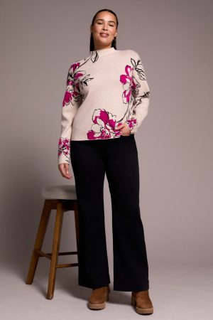 Knit Jacquard Funnel Neck Sweater-Pink flambe