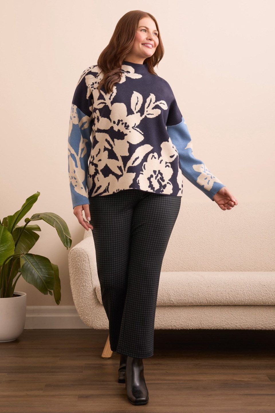 Knit Jacquard Funnel Neck Sweater-Sapphire