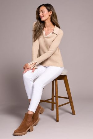 Top Stitch Johnny Collar Lightweight Sweater-H latte