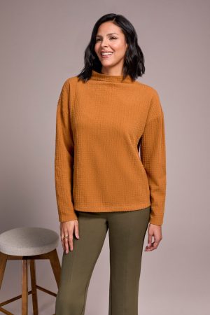 Lightweight Funnel Neck Dolman Sleeve Knit Top-Bran