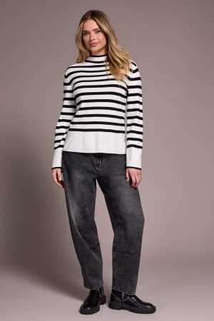 Lightweight Mock Neck Striped Sweater-Cream