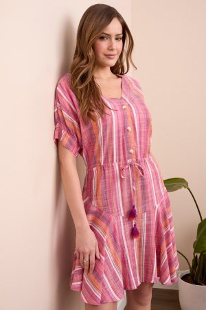 Lightweight Short Sleeve Flowy Dress With Waist Tie-Veryberry