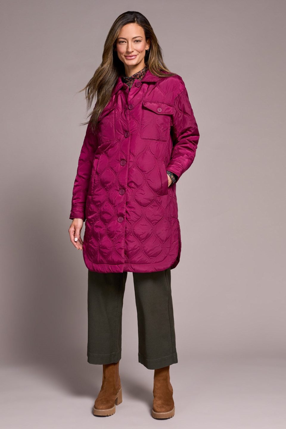 Long Quilted Button-Up Jacket With Pockets-Plumwine