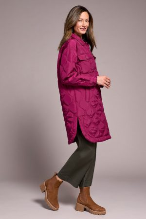 Long Quilted Button-Up Jacket With Pockets-Plumwine