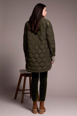 Long Quilted Button-Up Jacket With Pockets-Spruce