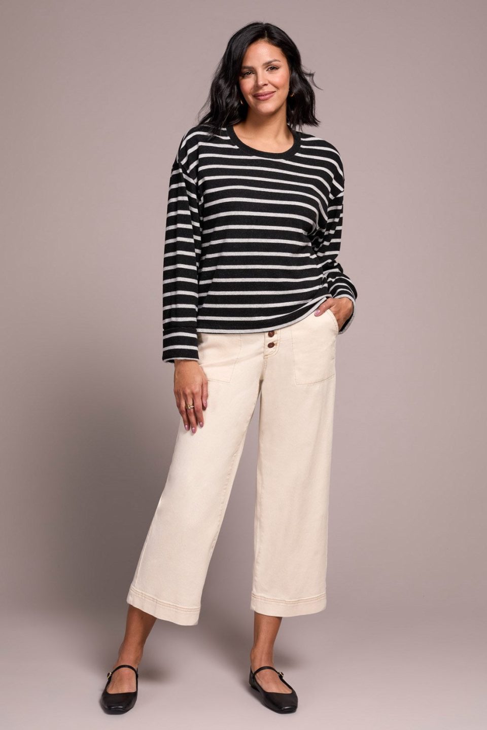 Long Sleeve Stripe Crew Neck Brush Knit Top-Black