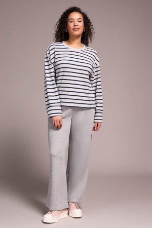 Long Sleeve Stripe Crew Neck Brush Knit Top-Sapphire