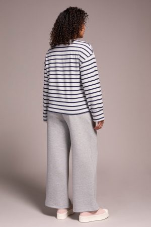 Long Sleeve Stripe Crew Neck Brush Knit Top-Sapphire