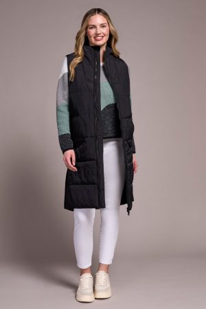 Longline Zip-Front Quilted Vest-Black