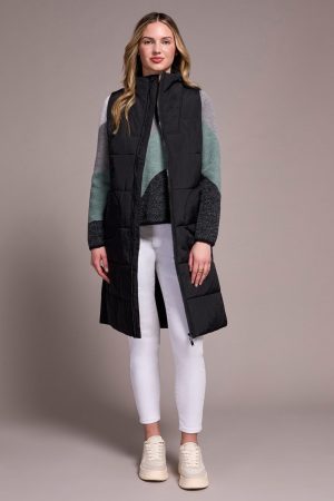 Longline Zip-Front Quilted Vest-Black