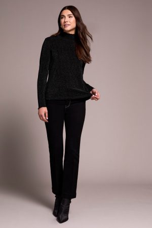 Lurex Long-Sleeve Mock Neck Knit Top-Black
