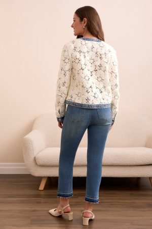 Mixed Media Crochet Jacket With Denim Detail-Eggshell