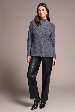 Mock Neck Heathered Knit Sweater With Side Slits-H nightfall