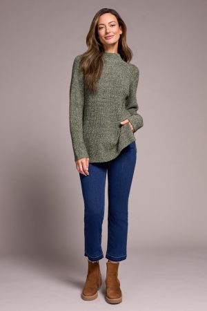Mock Neck Heathered Knit Sweater With Side Slits-H spruce