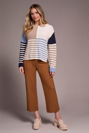 Multi Stripe Textured Boat Neck Sweater-Sandstone