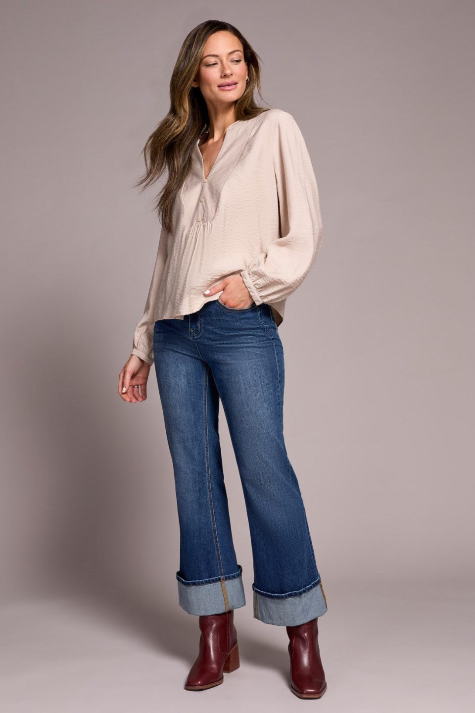 Notched Neck Blouse With Front Placket Detail-Sandstone