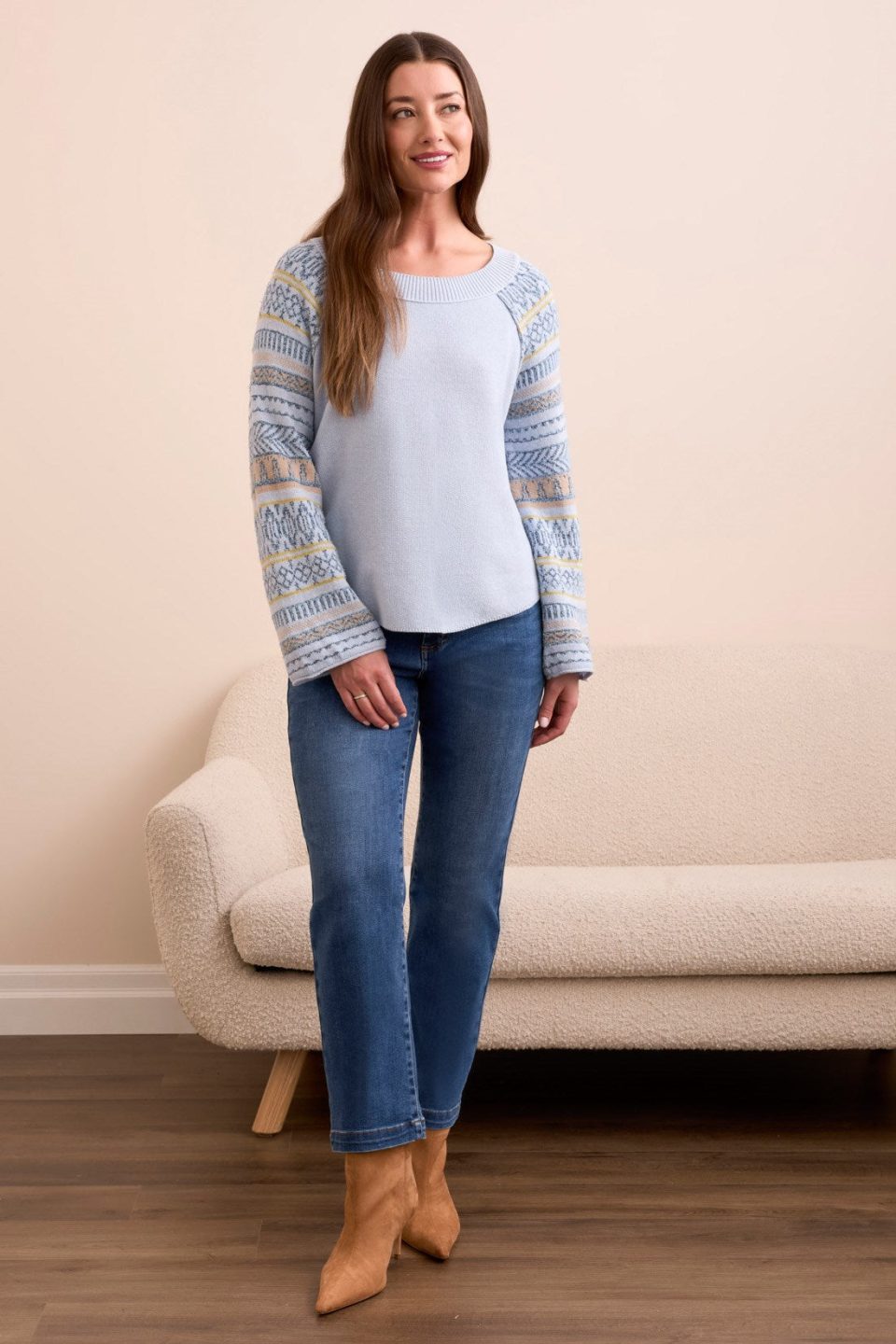 Novelty Mixed Scoop Neck Sweater-Chambray