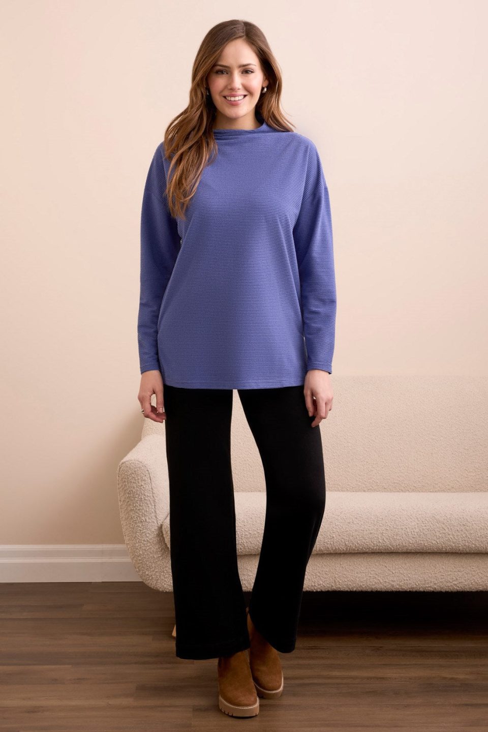 Ottoman Knit Drop Shoulder Cowl Neck Tunic-H dk blueviolet