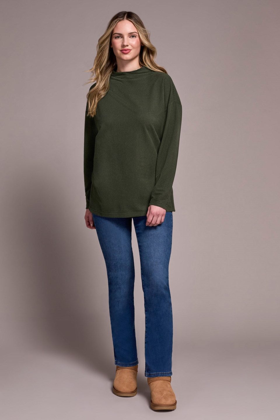 Ottoman Knit Drop Shoulder Cowl Neck Tunic-H spruce