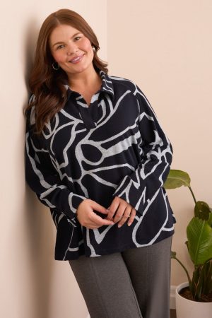 Super Soft Johnny Collar Top With Side Slits-Grey mix