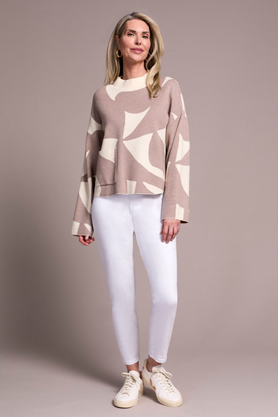 Oversized Mock Neck Abstract Print Sweater-H sandstone