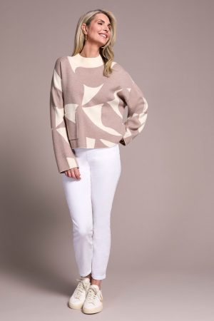 Oversized Mock Neck Abstract Print Sweater-H sandstone