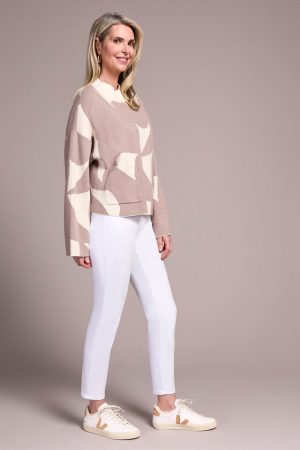 Oversized Mock Neck Abstract Print Sweater-H sandstone