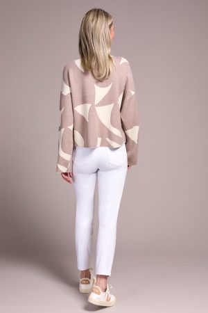 Oversized Mock Neck Abstract Print Sweater-H sandstone
