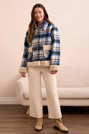 Plaid Jacket With Sherpa Trim and Lining-Sapphire