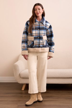 Plaid Jacket With Sherpa Trim and Lining-Sapphire