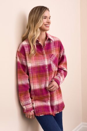 Oversized Flannel Fringed-Hem Shirt-Plumwine