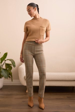 Plaid Knit Ponte Pull-On Ankle Pant-Icelatte