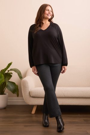 Pleat-Accent Long-Sleeve V-Neck Top-Black
