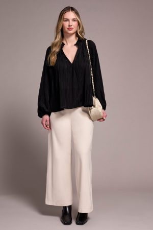 Pleated Ruffle Notch Collar Novelty Blouse-Black