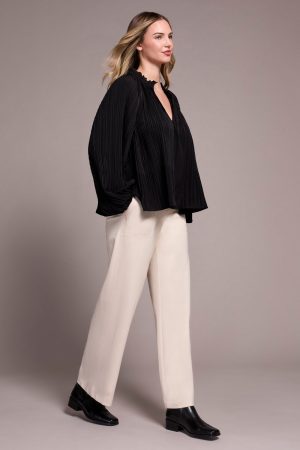 Pleated Ruffle Notch Collar Novelty Blouse-Black