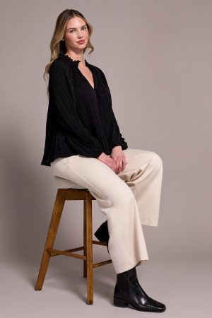 Pleated Ruffle Notch Collar Novelty Blouse-Black