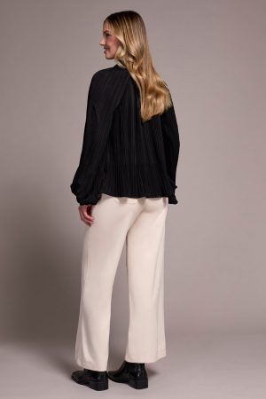 Pleated Ruffle Notch Collar Novelty Blouse-Black