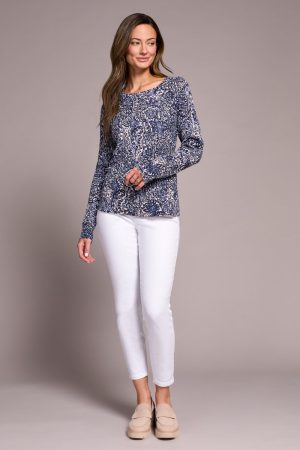 Printed Cable Cotton Crew Neck Sweater-Sapphire