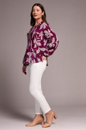 Printed Jacquard Pintuck-Front Blouse-Plumwine