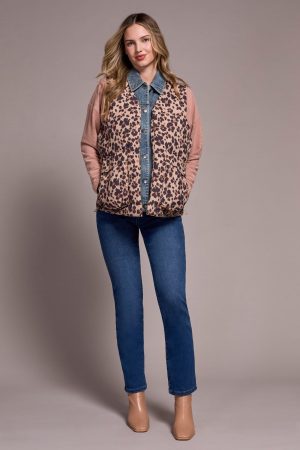 Printed Leopard Shell Fooler Puffer Denim Vest-Biscotti