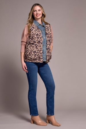 Printed Leopard Shell Fooler Puffer Denim Vest-Biscotti