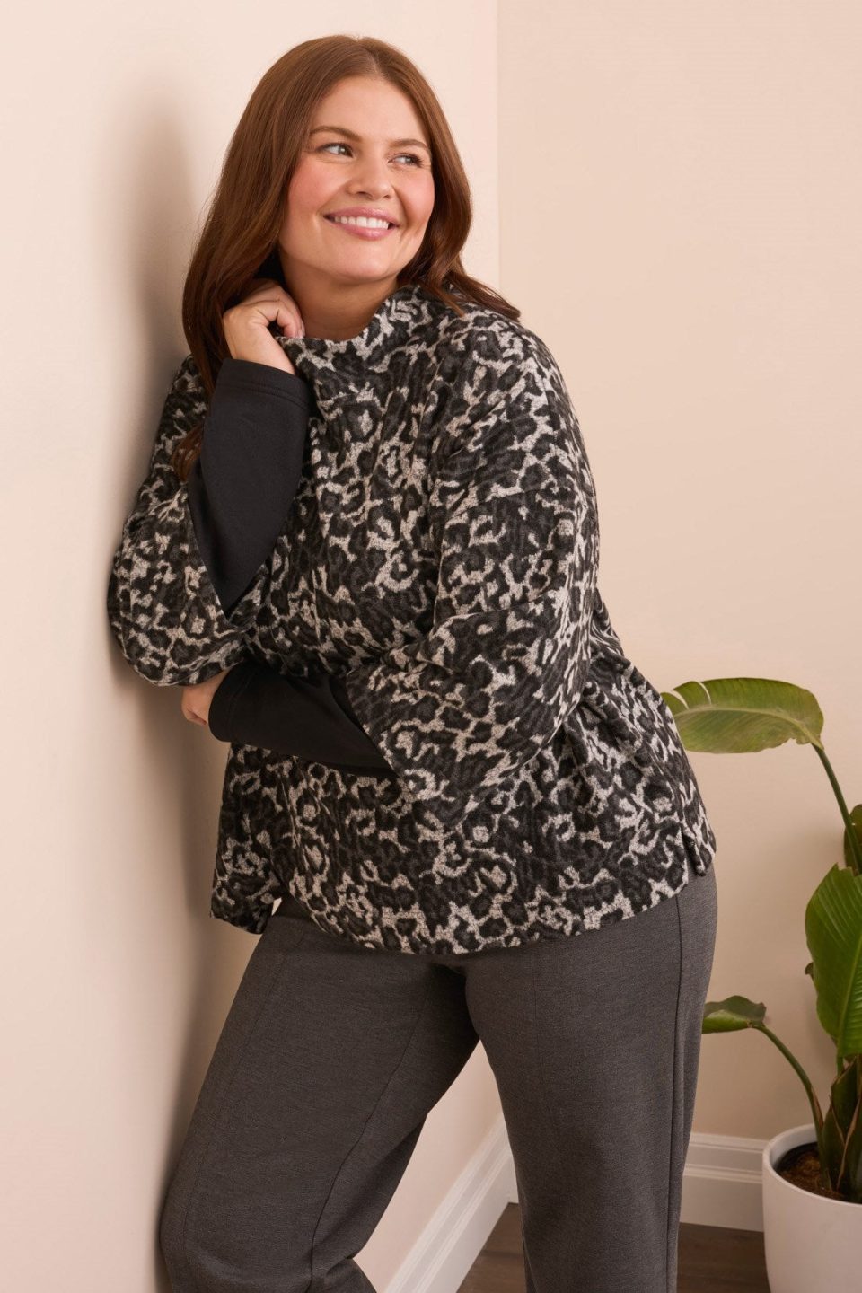 Printed Long-Sleeve Combo Mock Neck Jacquard Top-Black