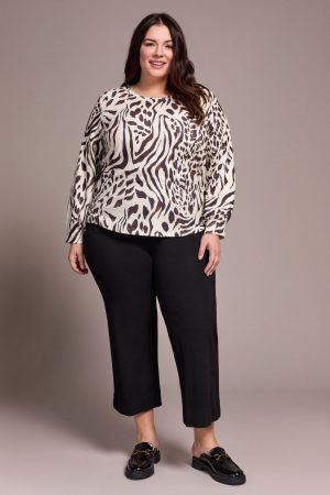 Printed Long Sleeve Crew Neck Knit Top-Walnut