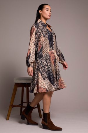 Printed Patchwork Raglan 3/4 Sleeve Notch Neck Dress-Almondlatte