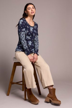 Printed Pointelle Scoop Neck Knit Top-Sapphire