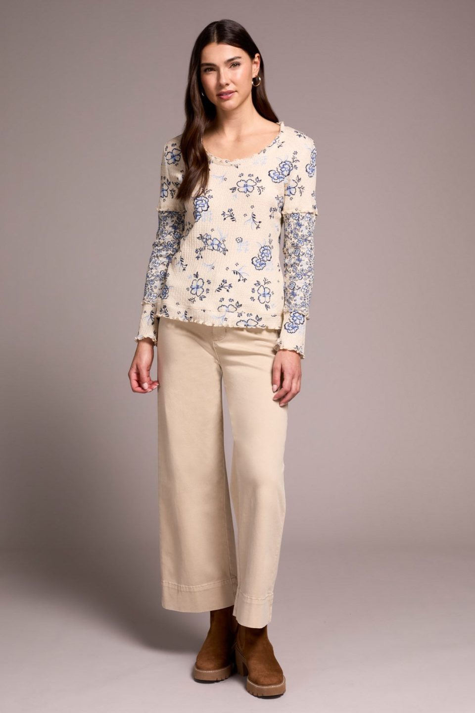 Printed Pointelle Scoop Neck Knit Top-Slateblue