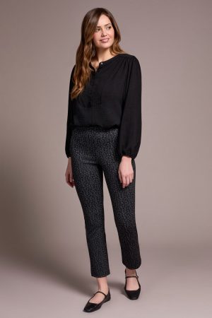 Printed Ponte Pull-On Wide Leg Ankle Pants-Black